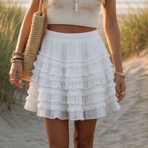 White Ruffle Elastic Waist Gold Lurex Fringe Boho Circle Mini Skirt Medium